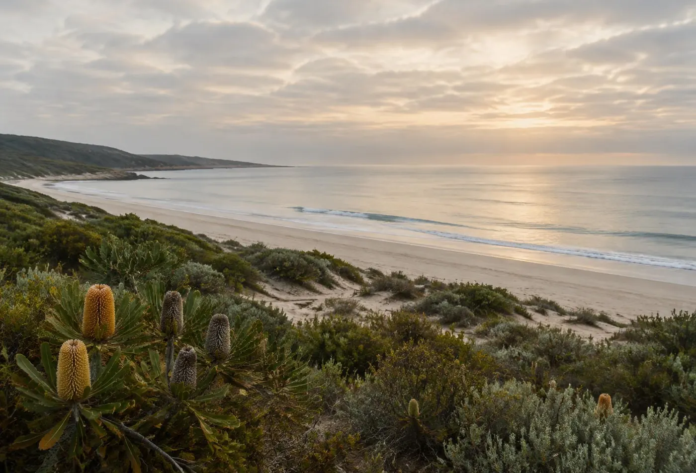 Quiet beach at dawn behind coastal scrub and banksia