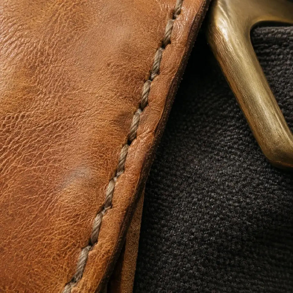 Concept close-up of hide stitched to canvas with a brass buckle